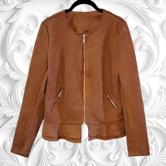 Love Scarlett Brown Faux Suede Peplum Zip Up Long Sleeve Jacket Size Small - Picture 1 of 2